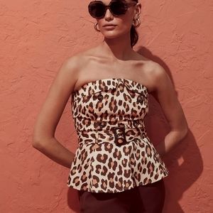 New York Co Strapless Poplin Belted Top - Leopard-Print Size L